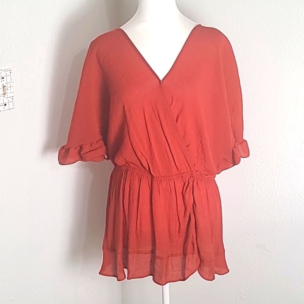 Cato Red Criss-cross Wrap Top, Elastic Waist, Ruffle Short Sleeves Sz 14/16 NWT
